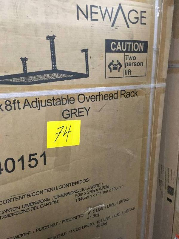 lot 74 image: New Age Performance 96 in. L x 48 in. W x 42 in. H Adjustable VersaRac Ceiling Storage Rack in Gray not used