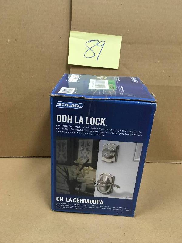 lot 89 image: SCHLAGE Camelot Satin Nickel Single Cylinder Deadbolt with Georgian Entry Door Knob Combo Pack not used