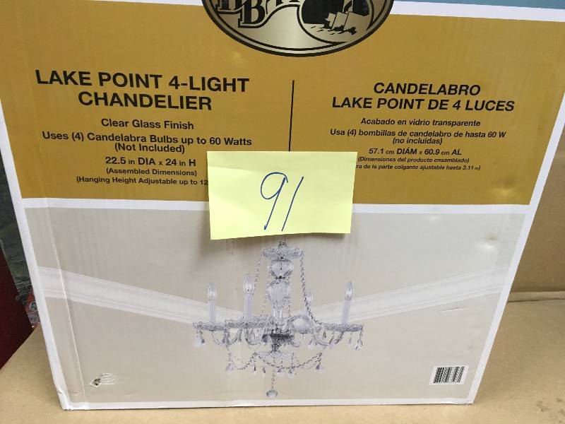lot 91 image: Hampton Bay Lake Point 4-Light Chrome and Clear Crystal Chandelier NEW