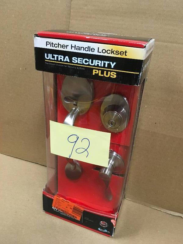 lot 92 image: Lexington Satin Nickle Door Handleset and Single Cylinder Deadbolt NEW