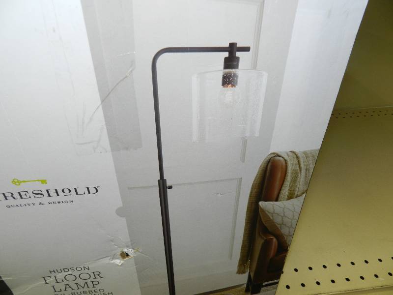 lot 109 image: THRESHOLD HUDSON FLOOR LAMP, OIL RUBBED BRONZE FINISH, GLASS SHADE, RETAIL $79.99