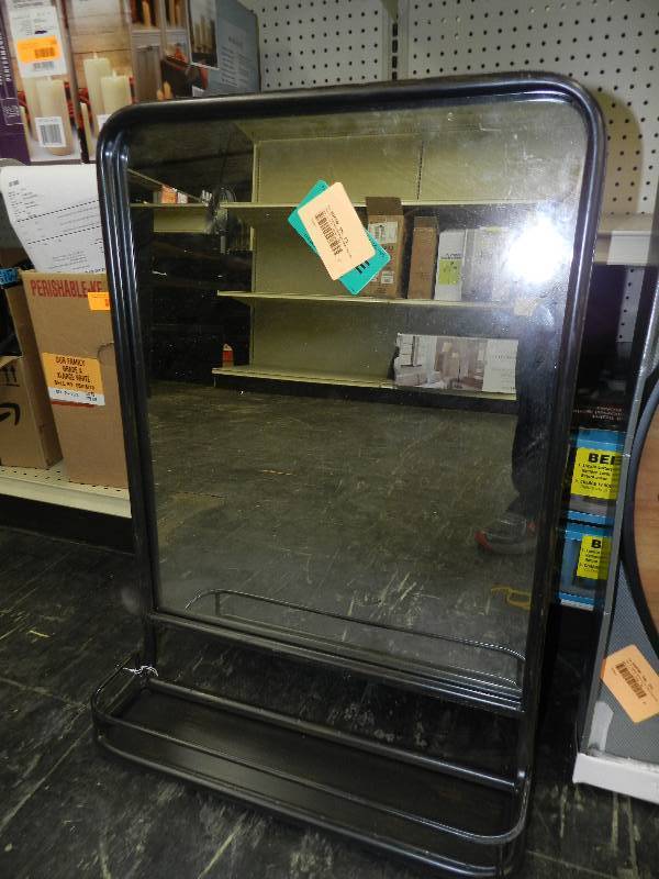 lot 103 image: METAL FRAME MIRROR WITH LOWER TRAY FOR ALL THE MISC STUFF.