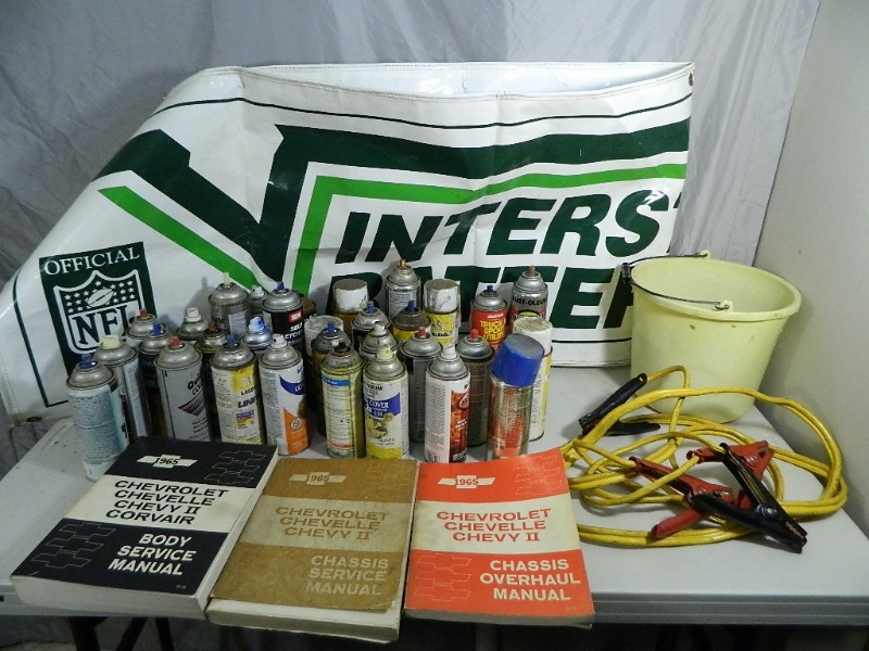lot 112 image: 1965 Chevy Manuals, Spray Paint, Jumper Cables, Etc