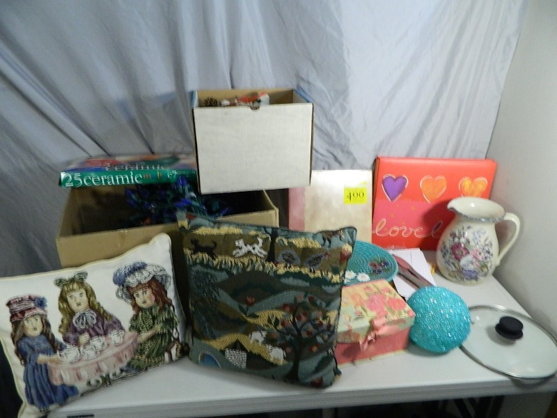 lot 122 image: Pillows, Christmas Lights, Pitcher, Decor, Etc