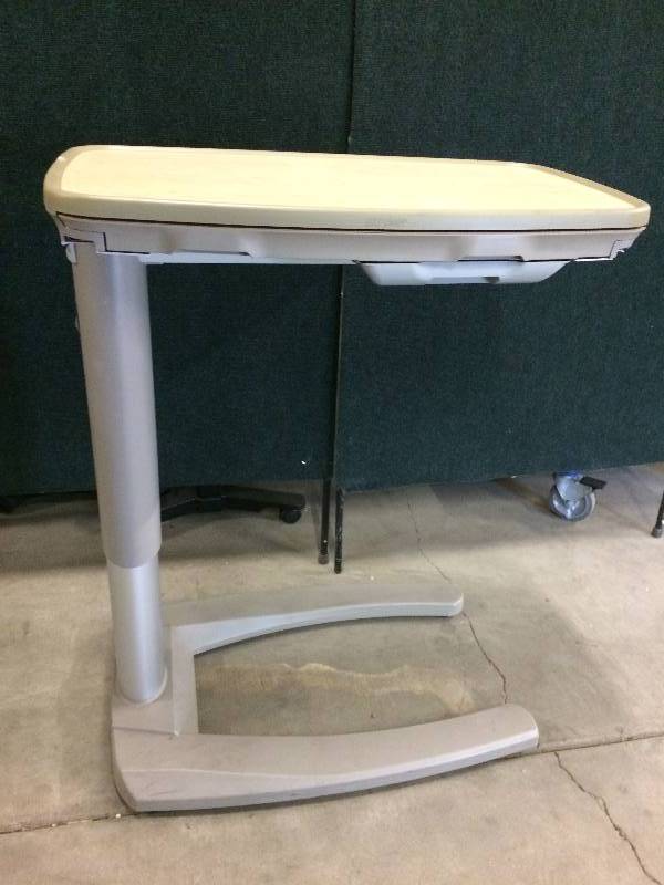 lot 4 image: Retails New $1000 - Top Of The Line Stryker Tru-fit Overbed Table&nbspOver the Bed Hospital Wheelchair Tray Adjustable Bedside Table Large Split Top Surface With Vanity Mirror & More - Great Condition