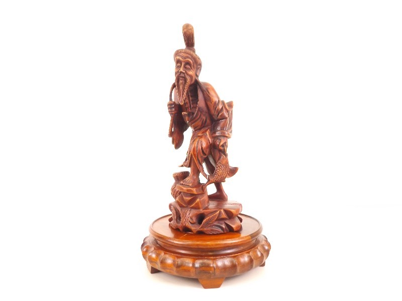 lot 1 image: Antique Asian Rosewood Fisherman Sculpture on Pedestal 