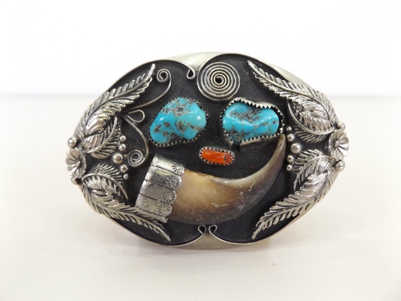 lot 8 image: Hand Made Folk Art Turquoise Bone Silver Metal Belt Buckle