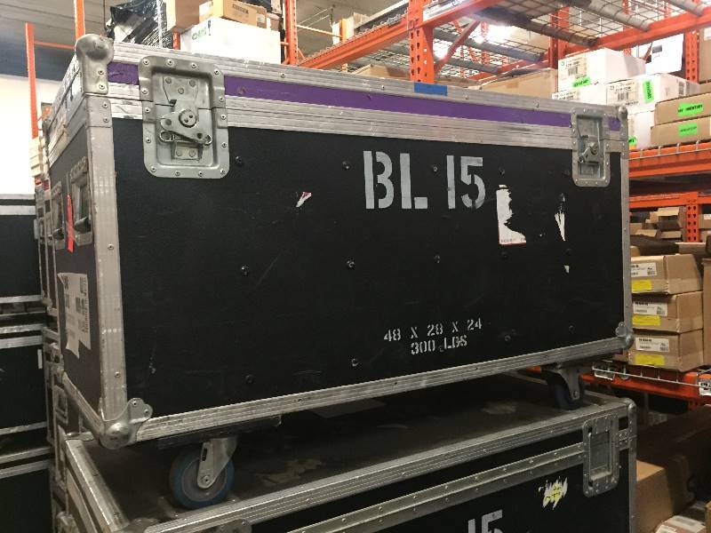 lot 51 image: Large, Rolling Hard-Sided, Heavy-Duty Stackable Shipping Case with Casters & Barco Video Wall Tiles