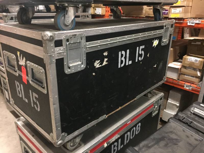 lot 52 image: Large, Rolling Hard-Sided, Heavy-Duty Stackable Shipping Case with Casters & Barco Video Wall Tiles