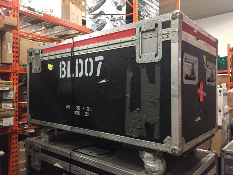 lot 54 image: Large, Rolling Hard-Sided, Heavy-Duty Stackable Shipping Case with Casters & Barco Video Wall Tiles