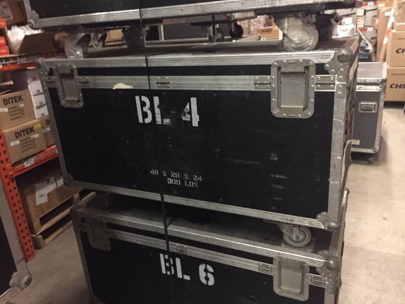lot 55 image: Large, Rolling Hard-Sided, Heavy-Duty Stackable Shipping Case with Casters & Barco Video Wall Tiles
