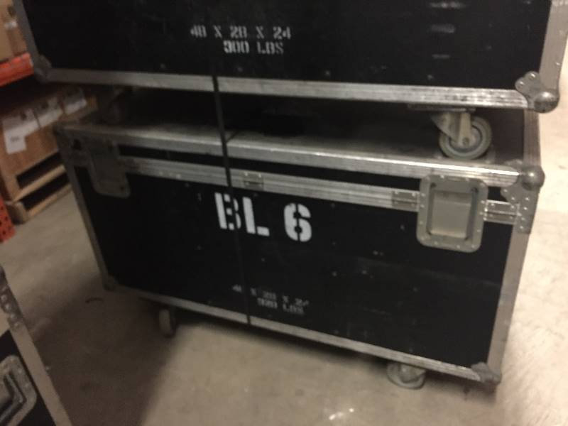 lot 56 image: Large, Rolling Hard-Sided, Heavy-Duty Stackable Shipping Case with Casters & Barco Video Wall Tiles