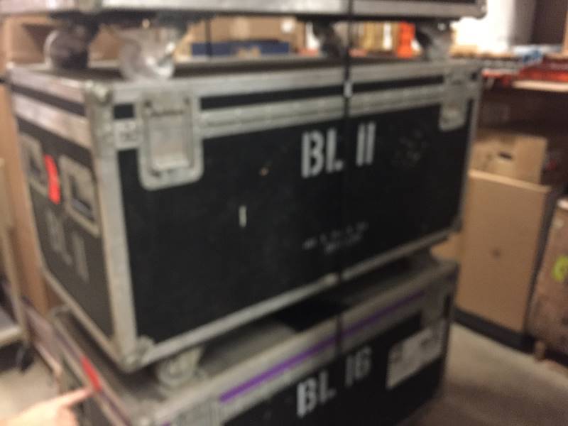 lot 64 image: Large, Rolling Hard-Sided, Heavy-Duty Stackable Shipping Case with Casters & Barco Video Wall Tiles