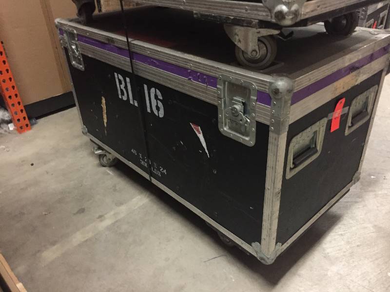 lot 65 image: Large, Rolling Hard-Sided, Heavy-Duty Stackable Shipping Case with Casters & Barco Video Wall Tiles
