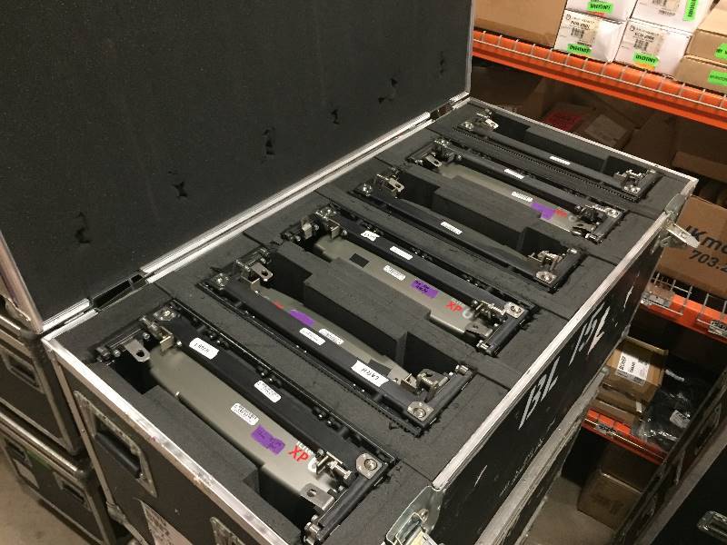 lot 60 image: Large, Rolling Hard-Sided, Heavy-Duty Stackable Shipping Case with Casters & Barco Video Wall Tiles