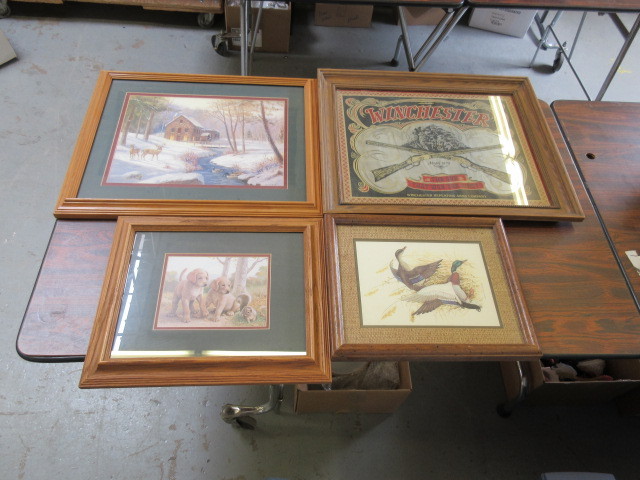 3 FRAMED PRINTS AND WINCHESTER MIRROR