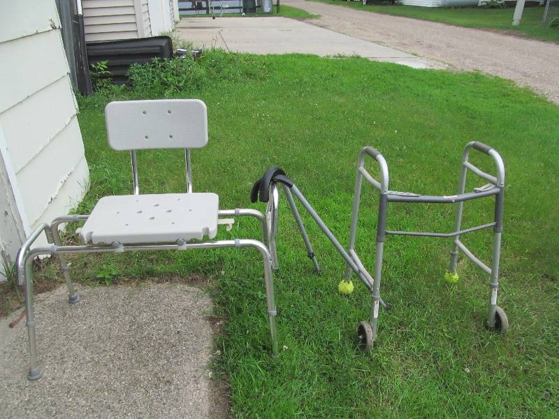 lot 3 image: Shower Chair, Walker, 2 Adjustable Aluminum Canes