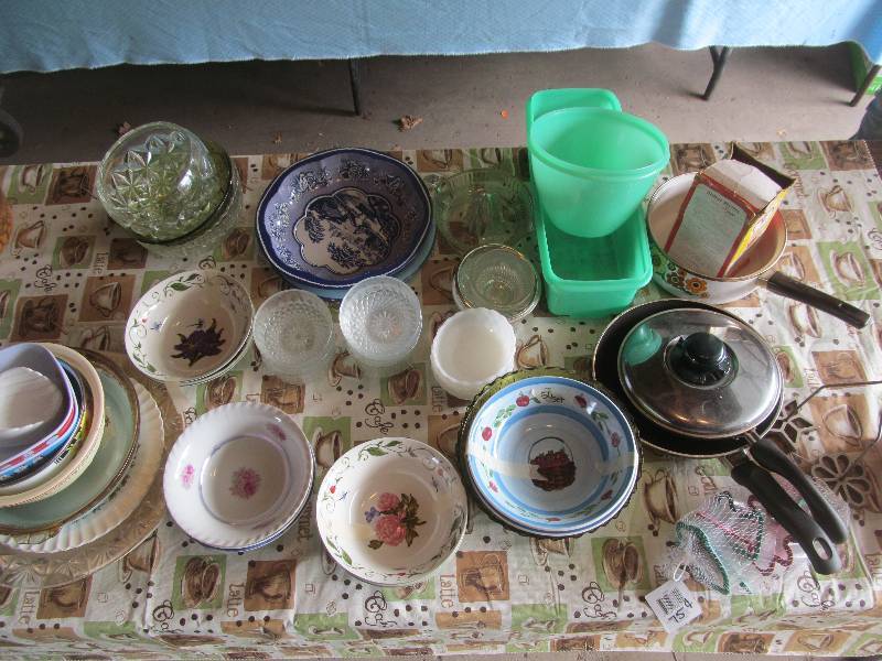 lot 9 image: Donut maker, cookie cutters, pots and pans, dishes, Rosette press, Tupperware, Crystal