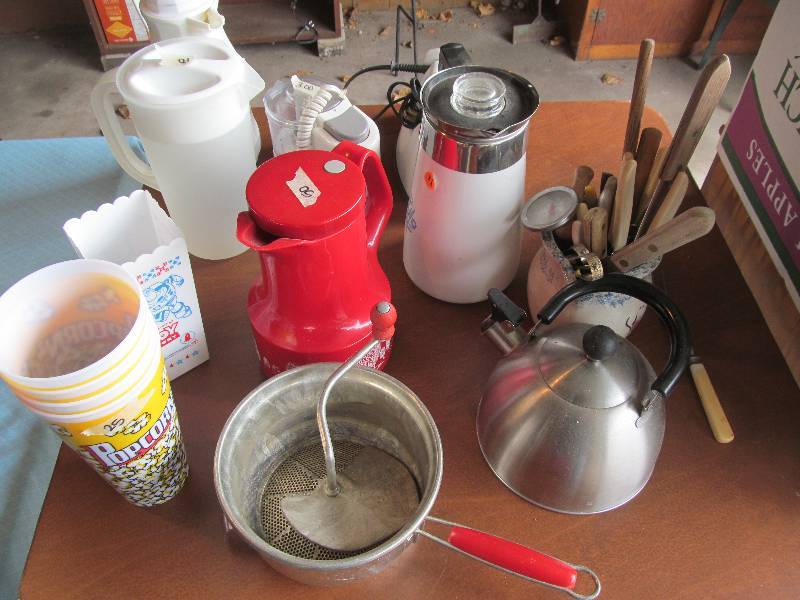 lot 12 image: Coffee pots, Pitcher, Popcorn Cups, Food chopper, Iron, Kitchen Utensils