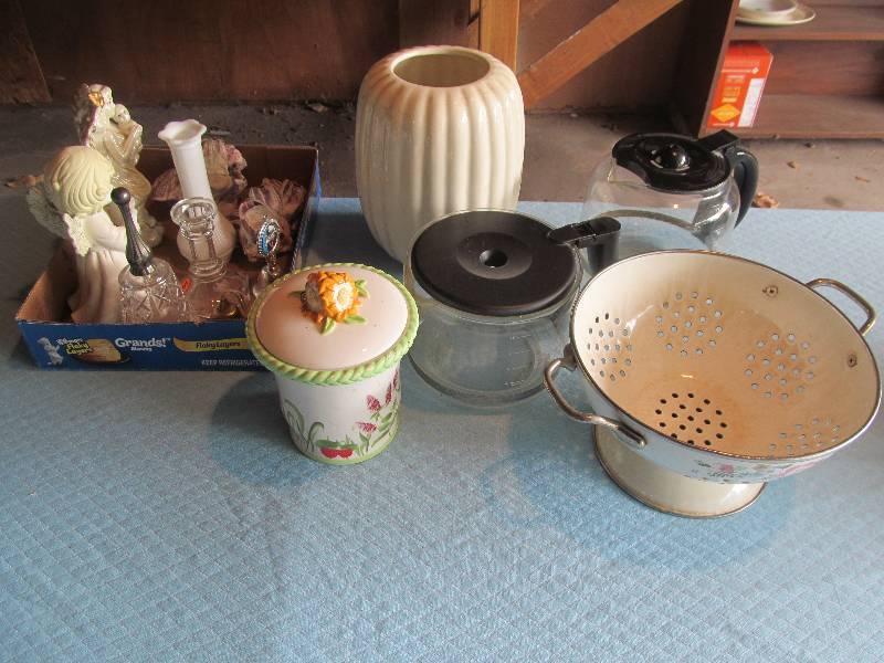 lot 15 image: Coffee pots, Figurines, Crock, Strainer