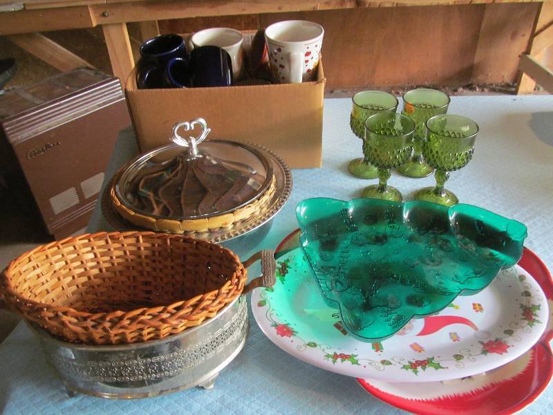 lot 17 image: Stainless steel Wicker basket, platters, Sheltonware Warmer Stainless Steel, Coffee mugs