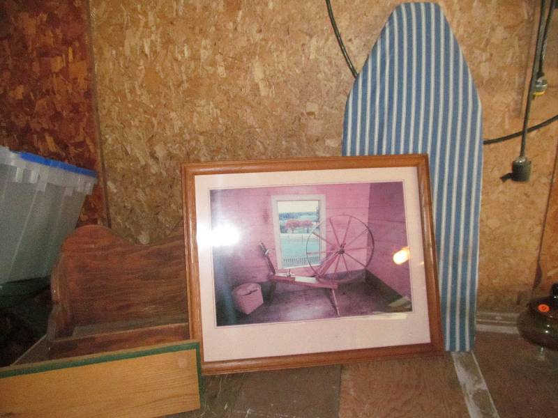 lot 26 image: Picture with wood frame, Ironing Board, 2 Shelves