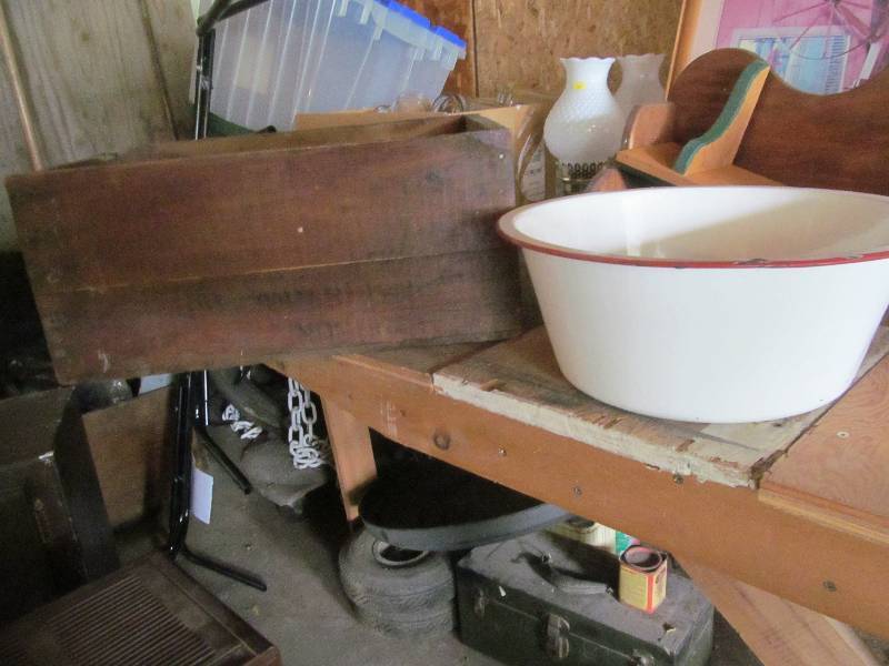 lot 29 image: Wooden Box, Enamel Pan