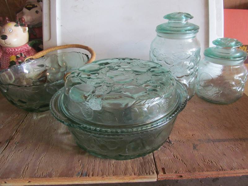 lot 34 image: Fruit Casserole Dish, Candy Jars, Bowl