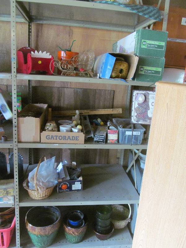 lot 60 image: Phone, 3 Christmas Trees, Magic Roller Slicers, Glasses, Wiring for garage door opener, clamps, radiolantern, level, Planters