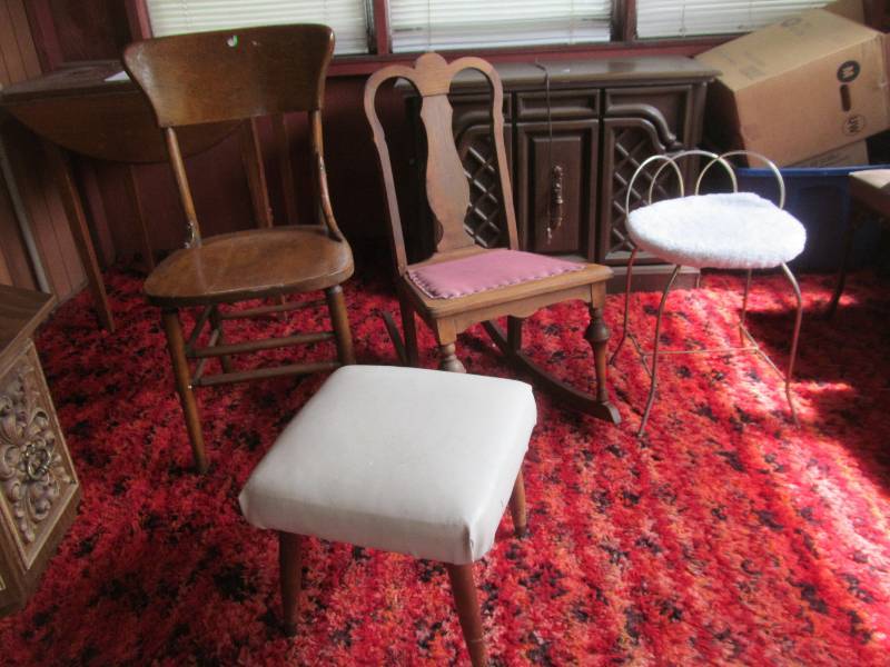 lot 82 image: Vintage Dining Chair, Ladies Rocker, Makeup Chair, Ottoman