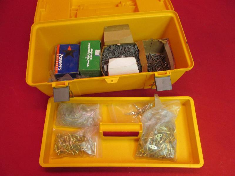 lot 167 image: Variety of screws and nails, curtain rod accessories in a Plano tool box