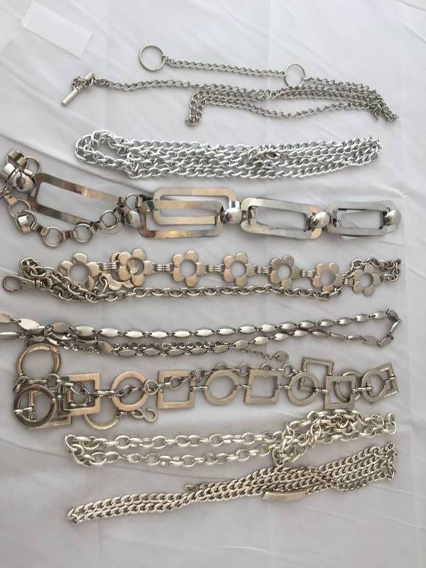 lot 54 image: 8 Silvertone Chain Metal Belts