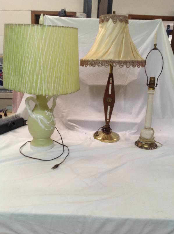 lot 104 image: Three Antique Lamps, Ones green, ones wood and the other is White