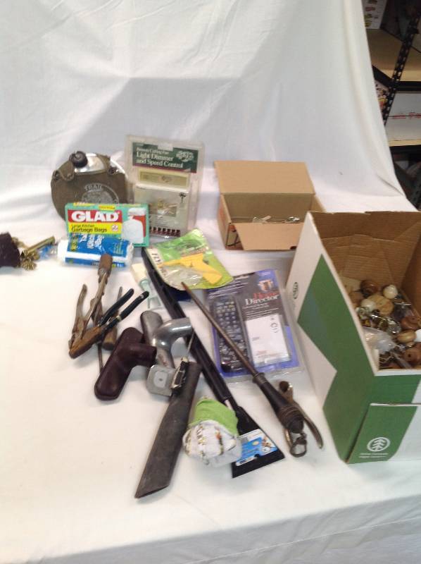 lot 77 image: Home and Garage Items - Vacuum Attachments, Tools, Hardware, Garbage Bags