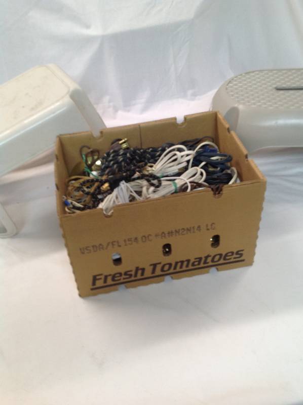 lot 80 image: 2 Step Stools, and a Box of Extension cords - One end cut off