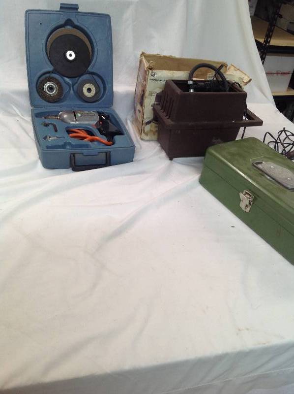 lot 66 image: Black and Decker Speed Drill - Air Compressor, Staples, Metal Tackle Box