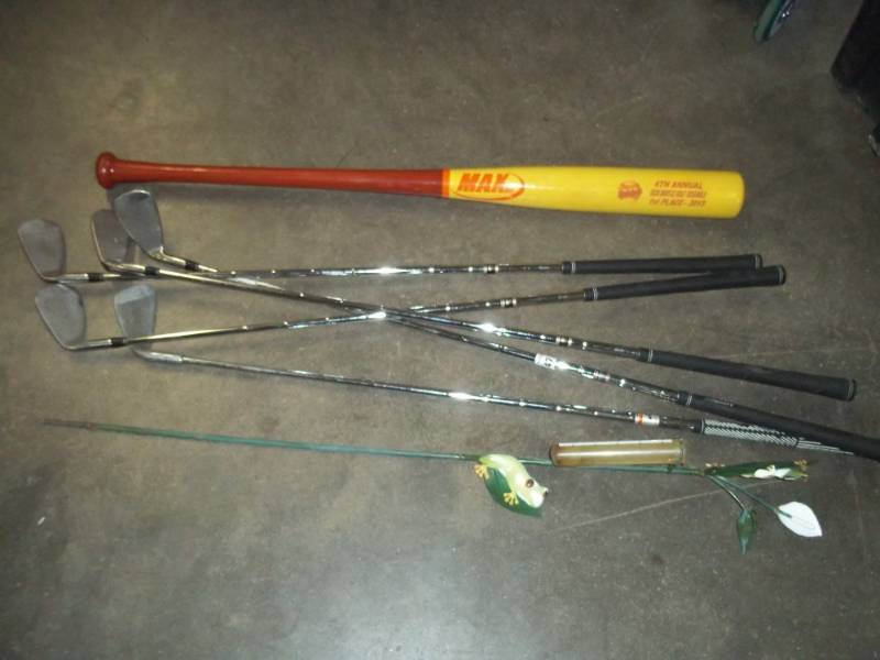 Golf Clubs, Rainguage and bat