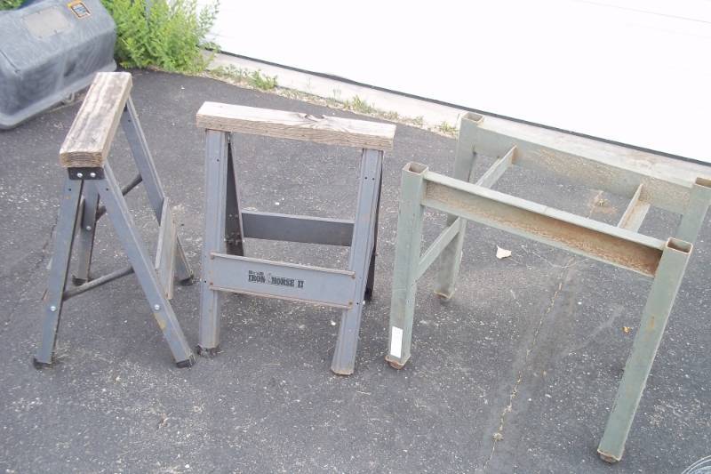 Pair of Folding saw horses and steel table