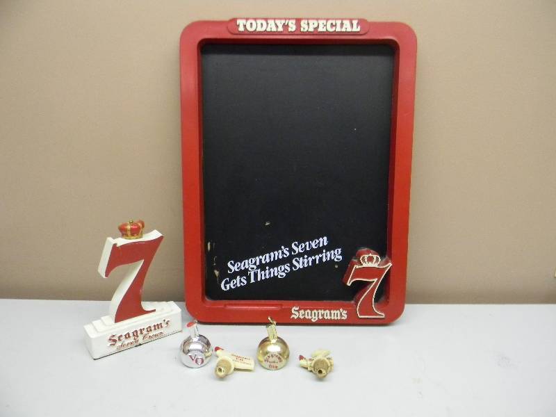 lot 9 image: VINTAGE & VERY RARE SEAGRAMS 7 CROWN CHALKWARE APPROX 9HIGH - STICK DOWN OR HANGING  WITH 4 VINTAGE SEAGRAMS POUR SPOUTS & VINTAGE SEAGRAMS SIGN BOARD - SEE PICTURES