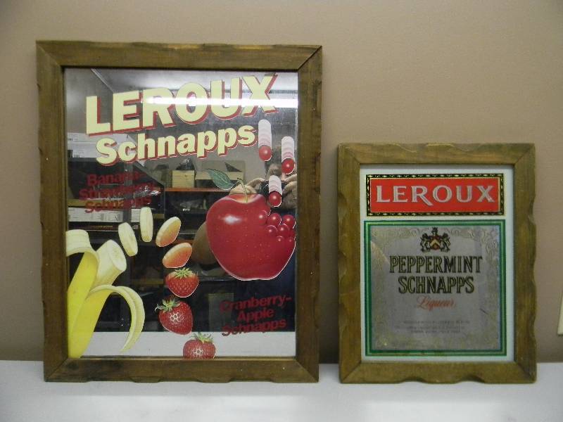 lot 15 image: 2 LEROUX SCHNAPPS BAR SIGN  MIRROR - 1 APPROX 19 BY 23 & 14 BY 17 - SEE PICTURES