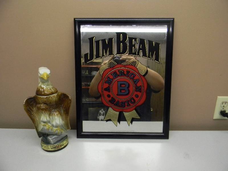 lot 16 image: VINTAGE JIM BEAM BAR SIGN  MIRROR & 1966 JIM BEAM EAGLE DECANTER - COOL PIECES - SEE PICTURES