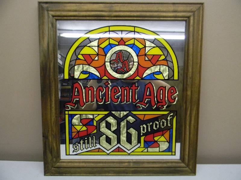 lot 21 image: Very Rare - Ancient Age Bourbon Whiskey Bar Sign Mirror - Nice Piece - Approx 20 by 23 - See Pictures