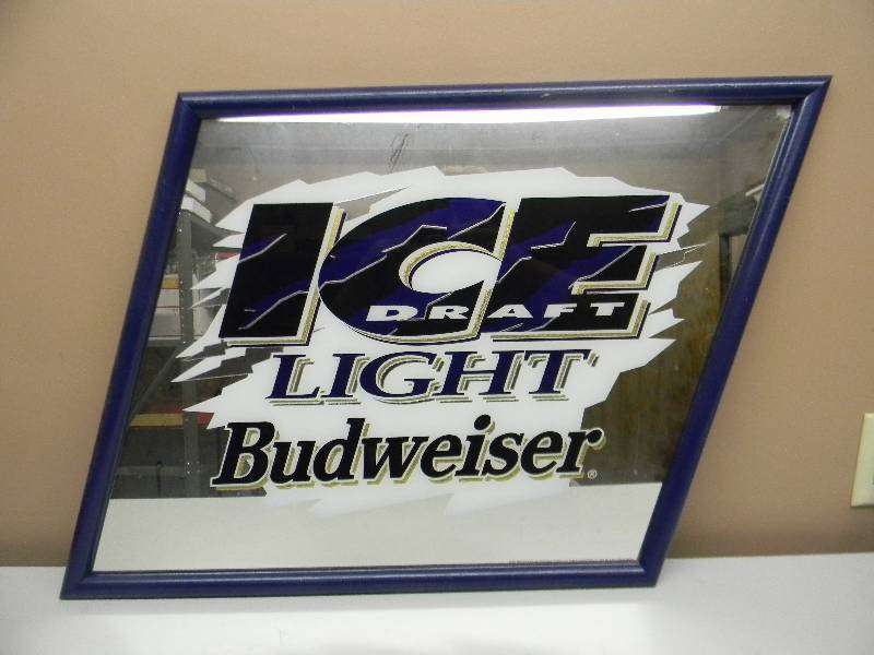 lot 29 image: 1994 Ice Draft Light Budweiser Sign  Mirror Beer Sign - Slanted 25 by 21  - SEE PICTURES