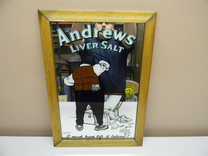 lot 33 image: VERY RARE & HARD TO FIND VINTAGE ANDREWS LIVER SALT ADVERTISING MIRROR (IMPORTED FROM ENGLAND) - APPROX 15 BY 21 - SEE PICTURES