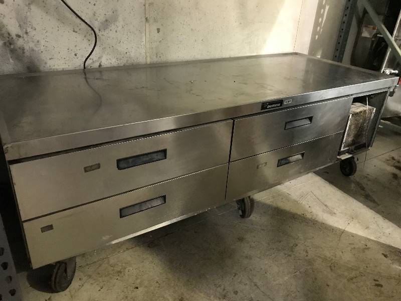 lot 12 image: Delfield refrigerated equipment stand, casters, 81 x 31 x 26 high, Runs Cools