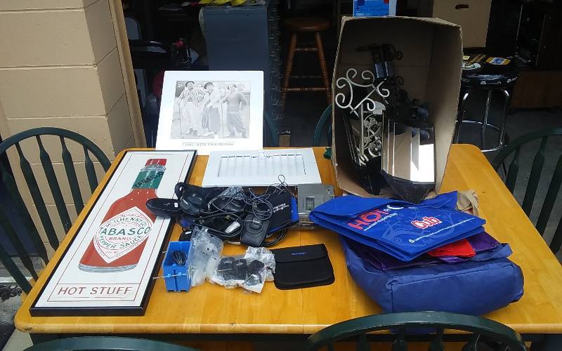 lot 41 image: 3-Stooges Poster, Tabasco Poster, Wall Decor, Sconces, Misc. Computer Mouses, Bags, Cables & Connectors