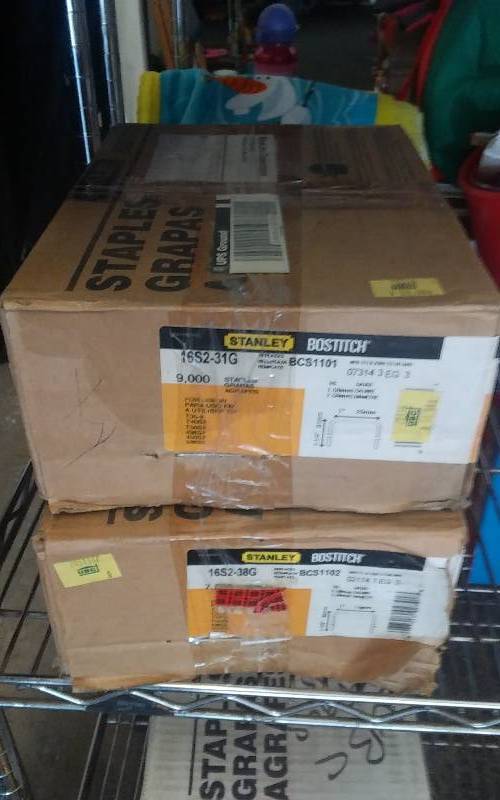 lot 55 image: 1-Box Stanley 16 Gauge Staples (7500) 1 Inch Wide By1-12 Inch Long, 1-Box 16 Gauge (9000) 1 Inch Wide By 1-14 Inches Long