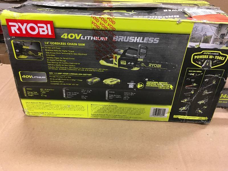 Ryobi 14 in. 40-Volt Brushless Lithium-Ion Cordless Chainsaw 1.5 Ah Battery and Charger Included