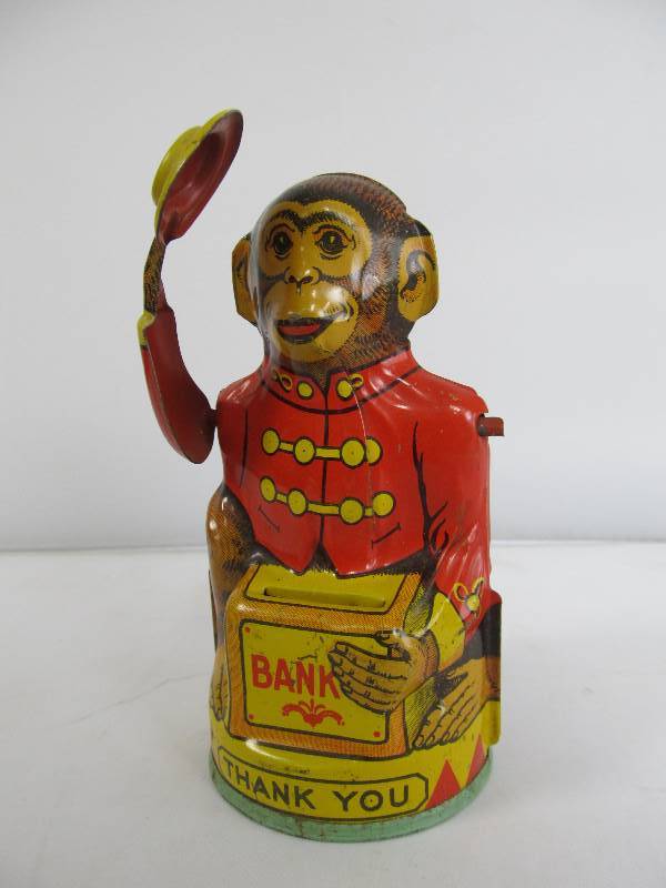 lot 95 image: Vintage 1930s-40s Chein Co Tin Monkey Mechanical Bank