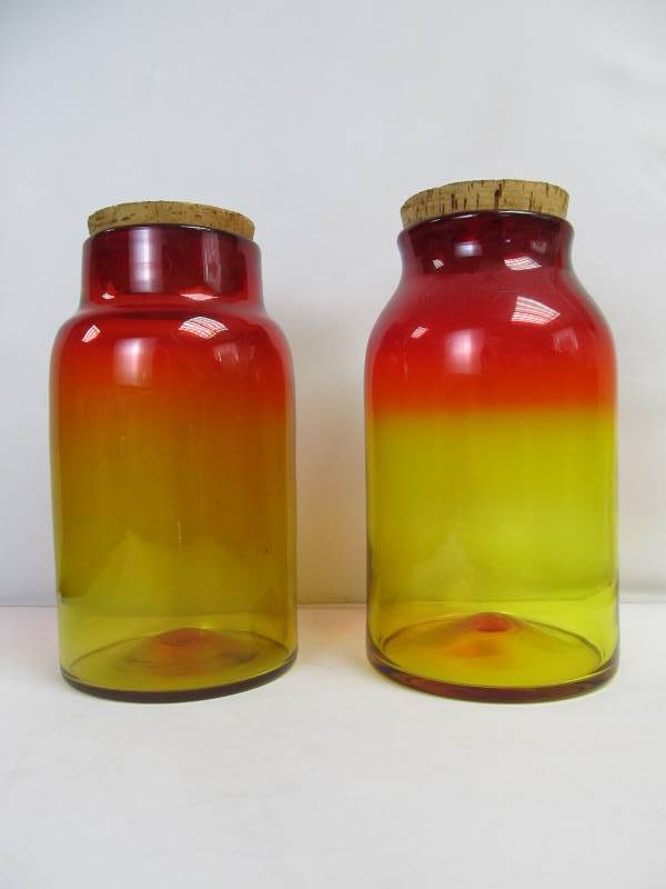 lot 194 image: 2 Large Vintage Hand Blown RedYellow Glass Jars